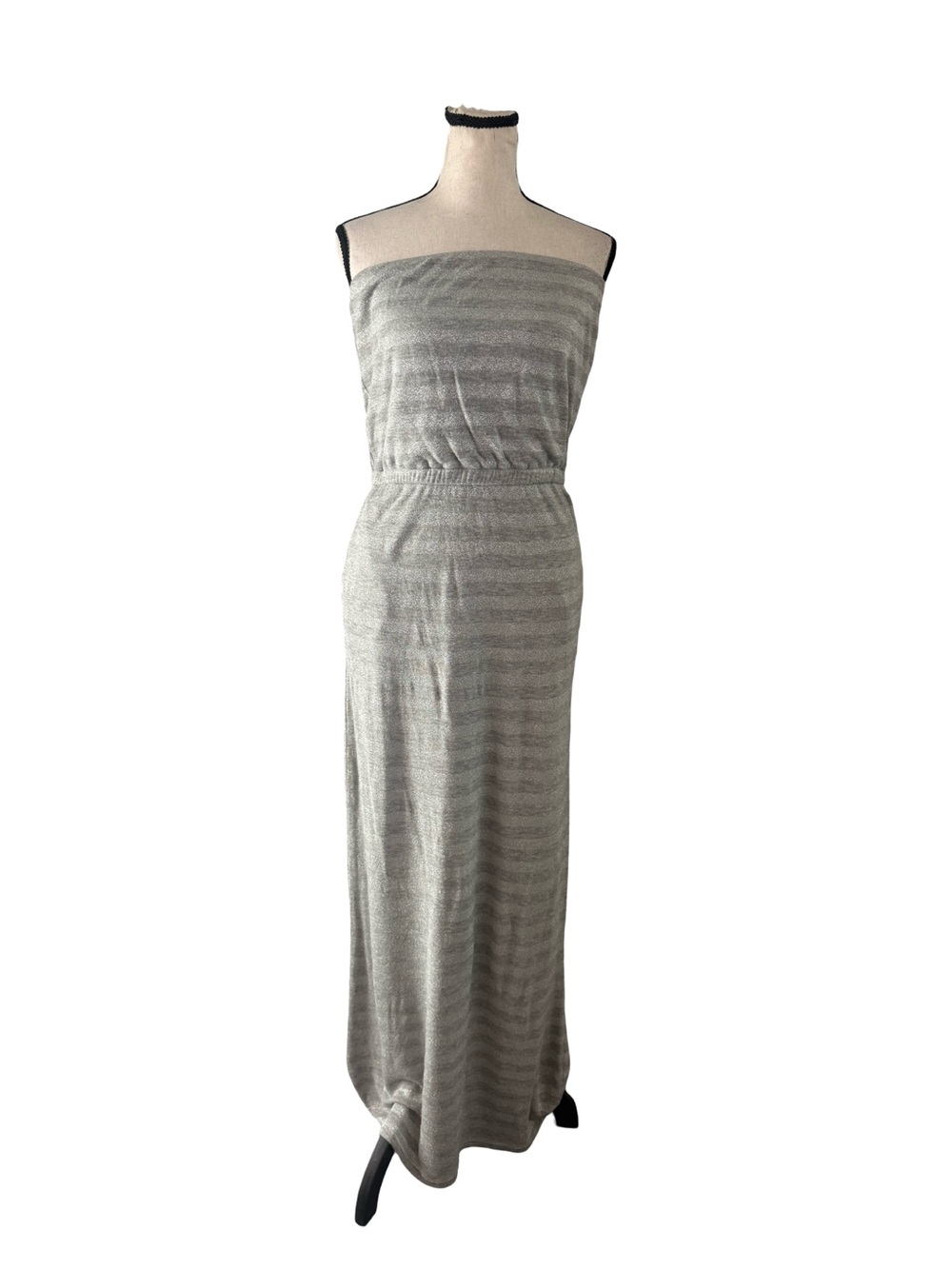 White House Black Market XS Silver Metallic Strapless Maxi Dress Pockets